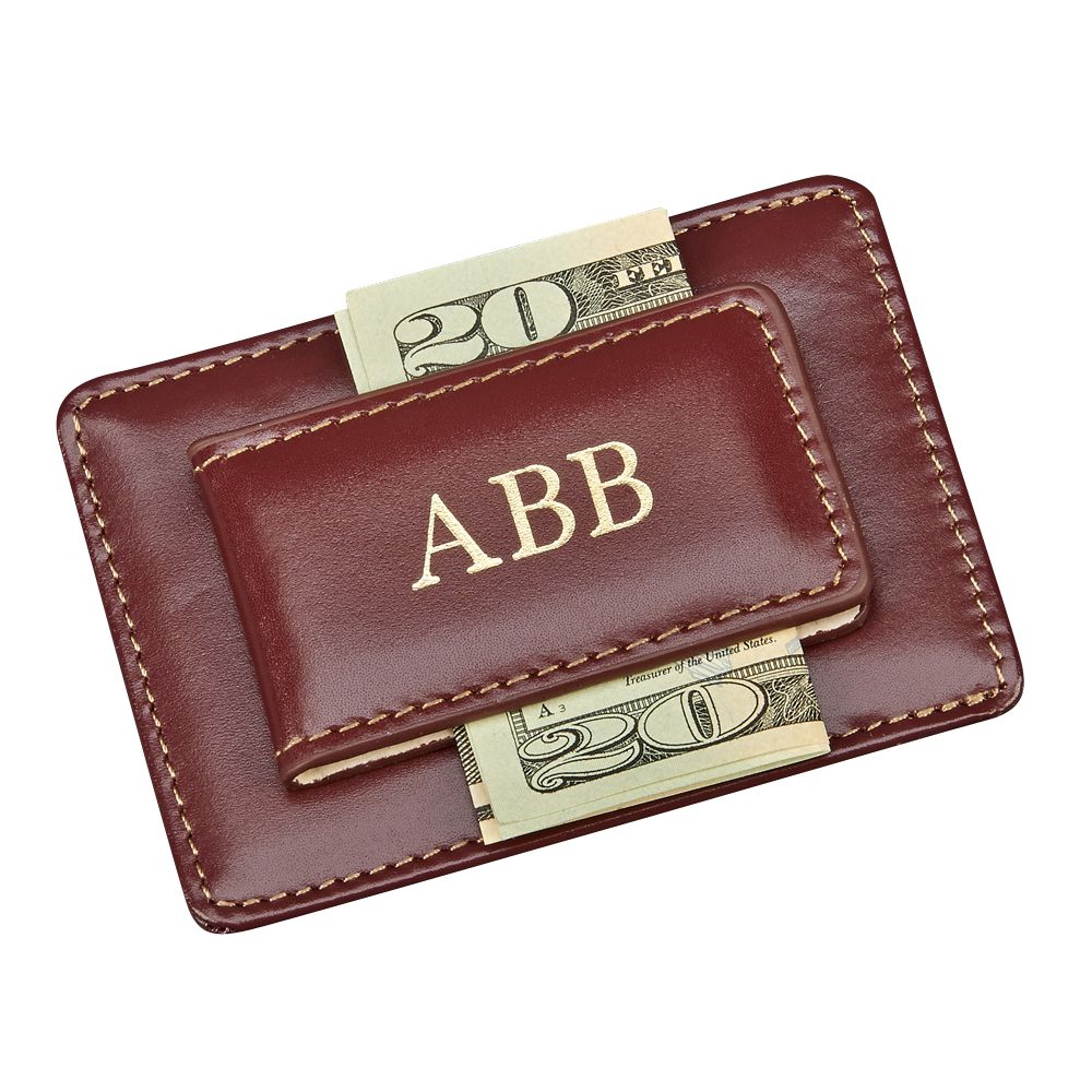 Brown leather money clip & card holder - Item # 15426