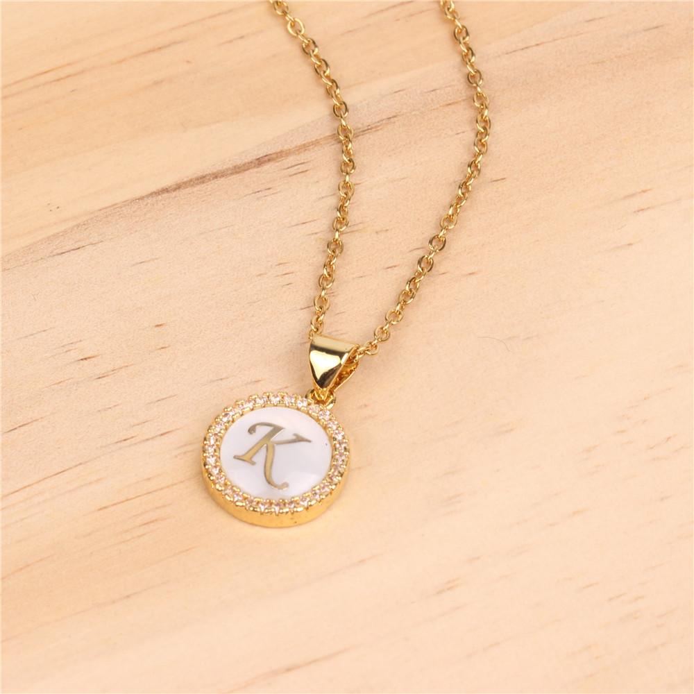 Micro-inlaid zircon shell round english alphabet necklace initial k - Item # 16673