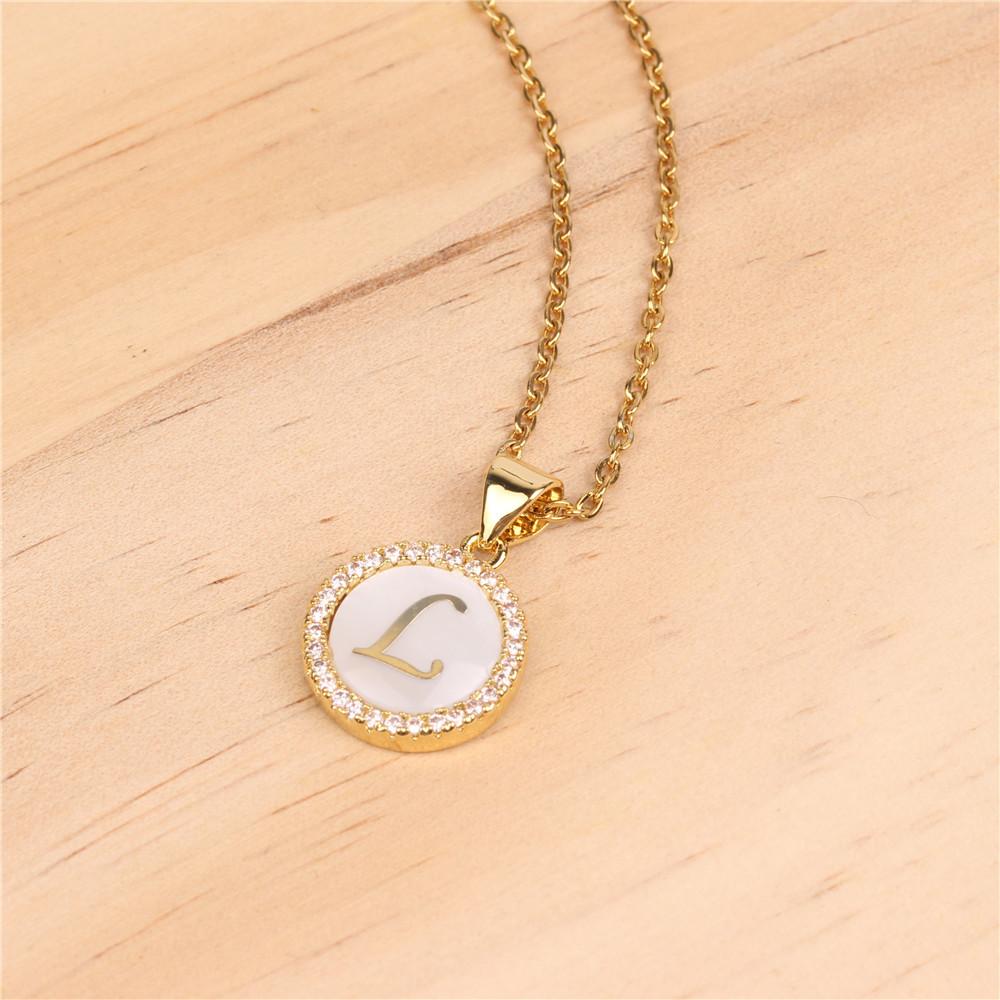 Micro-inlaid zircon shell round english alphabet necklace initial l - Item # 16674