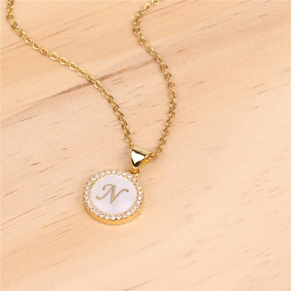 Micro-inlaid zircon shell round english alphabet necklace initial n - Item # 16676