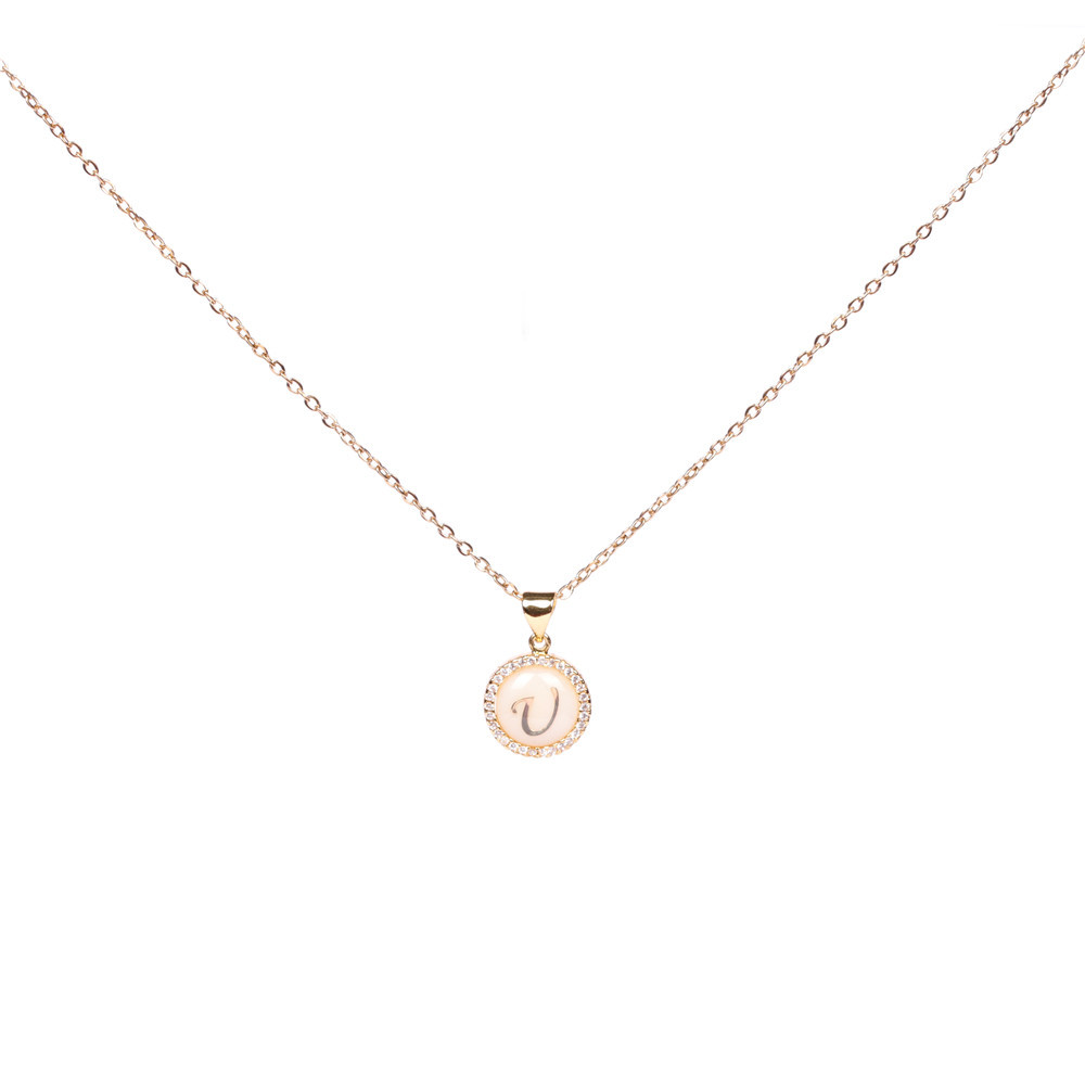 Inlaid zircon shell round necklace initial u - Item # 16790